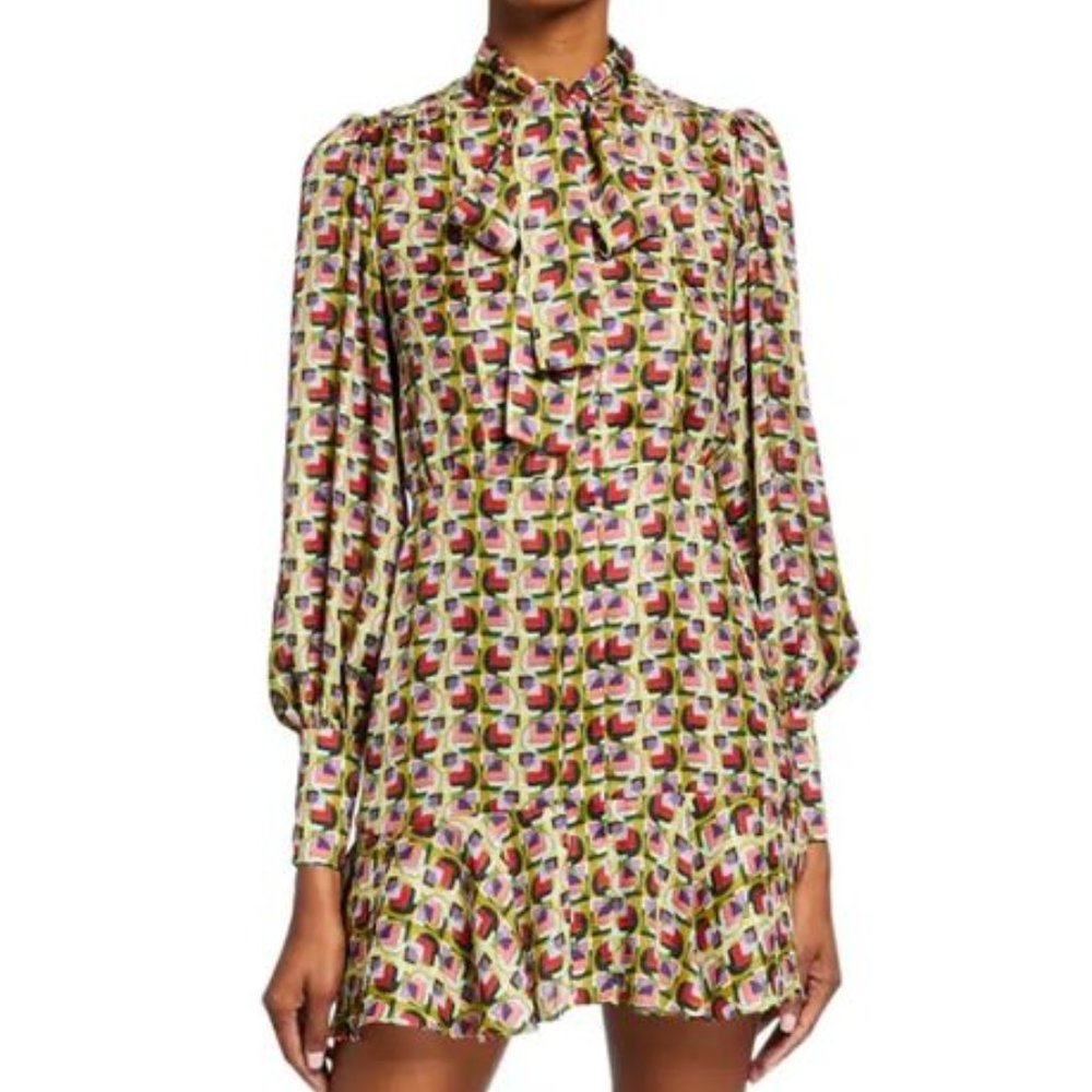 Alexis Mirene Tie-Neck Geo-Print Mini Dress
